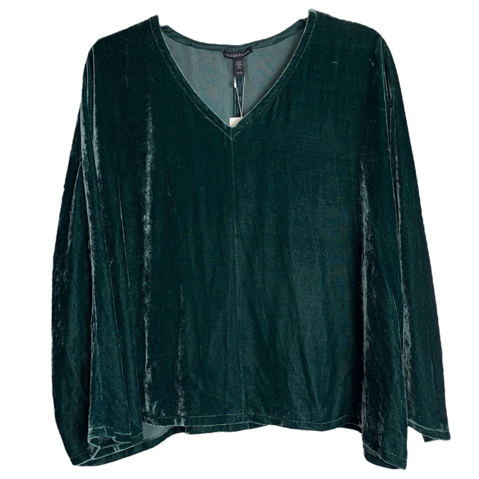Eileen Fisher Womens Xl Pine Green Silk Viscose Dolman Sleeve V-Neck Top Nwt